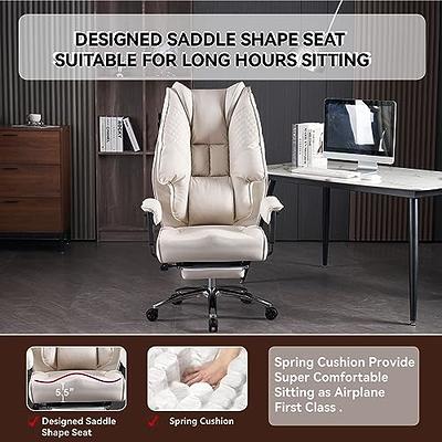 Efomao Big High Back PU Leather Executive Office Chair with Leg Rest,  Lumbar Support and Swivel - Beige