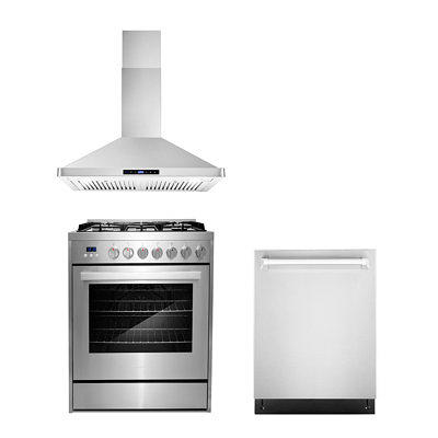 5 Piece Kitchen Package with 30 Freestanding Electric Range 30 Under Cabinet Range Hood 24 Built-in Fully Integrated Dishwasher, French Door