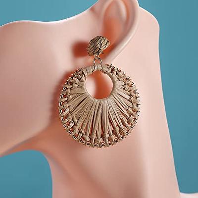 Statement Raffia Earrings for Women Girls - Boho Raffia Rattan