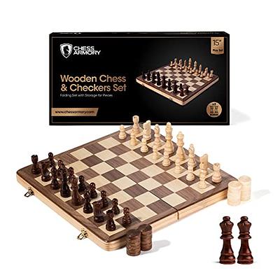 15 Inch Wooden Chess and Checkers Set 2 in 1 Checkers Board Games 2 Player  Wooden Travel Chess Game Set 24 Pcs Folding Chess Pieces with 3 Storage