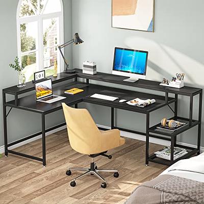 TribeSigns L Shaped Desk with 2 Drawers, 55 Inch Executive Office Desk with Cabinet Storage Shelves, Brown