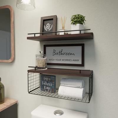 Set of 3 Wood Bathroom Shelves With Storage Basket Over Toilet