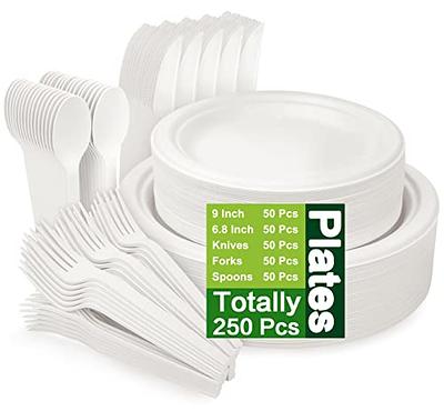 BIRCHIO 250 Piece Biodegradable Paper Plates Set (EXTRA LONG UTENSILS),  Disposable Dinnerware Set, Eco Friendly Compostable Plates & Utensil  include