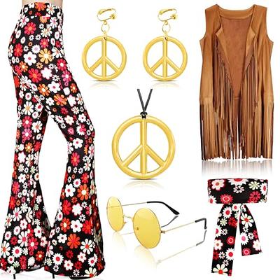 70s Outfits for Women Hippie Costume Set Boho Flared Pants Fringe Vest  Peace Sign Accessories Set Halloween Costumes for Women