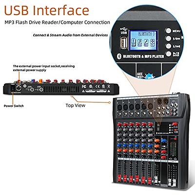  6 Channel Audio Interface DJ Mixer Sound Board USB Bluetooth  Mixer with Reverb Delay Effect Audio +48V Phantom Power Stereo Record Mixers  for Studio Streaming, Podcasting : Musical Instruments