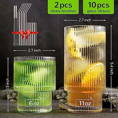 Lvtrupc 16oz Large Glass Cups, 4Pcs Ribbed Drinking Glasses,  Vintage Fluted Glassware Set for Coffee, Water, Juice, Smoothie, Cocktail,  Highball Glasses, Cute Gifts, Kitchen Bar Accessories: Mixed Drinkware Sets