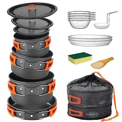 Odoland 29pcs Camping Cookware Mess Kit, Non-Stick Lightweight Pots Pan  Kettle, Collapsible Water Container and Bucket, Stainless Steel Cups Plates