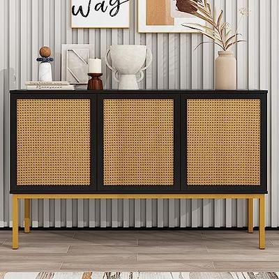 Yechen Set of 2 Sideboard Storage Cabinet with Handmade Natural Rattan  Doors, Buffet Cabinet with Storage, for Living Room, Dining Room, Entryway