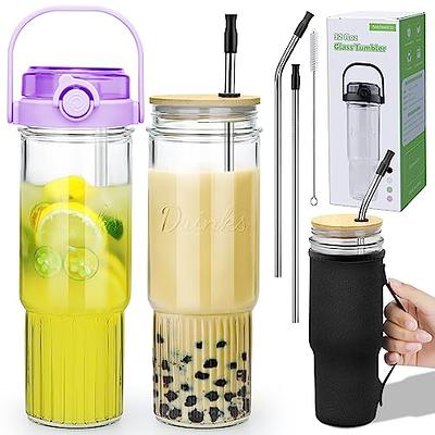 40 oz Glass Tumbler with Handle Glass Water Bottles with Bamboo Lid and  Straw Reusable Iced Coffee Cup with Silicone Sleeve Leak Proof for Smoothie