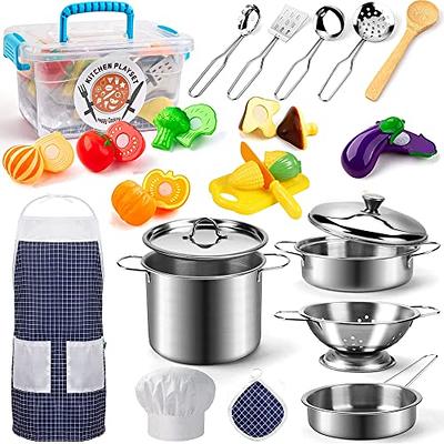 Cute Stone CUTE STONE Pretend Play Kitchen Toys with Stainless Steel  Cookware Pots and Pans Set, Toy Cooking Utensils, Apron, Cutting