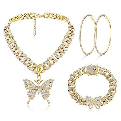 Sanfenly Cuban Link Chain Jewelry Set Bling Rhinestone Butterfly