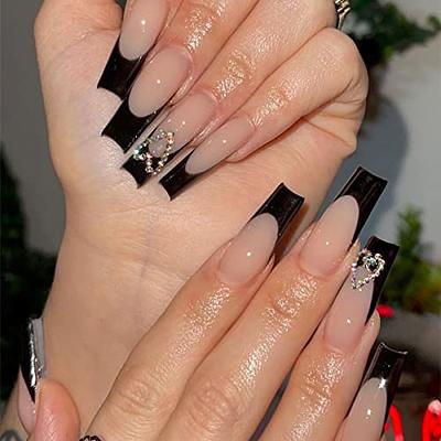 OCOUYVD French Tip Press on Nails Long Square Black Fake Nails Full Cover  Glue on Nails