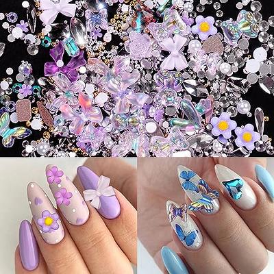 Purple 3D Butterfly Flowers Bowknots Heart Nail Charms Acrylic