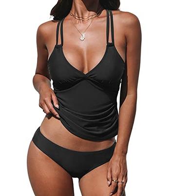 CUPSHE Women Tankini Swimsuits V Neck Ruched Tankini Top Cross Back Two  Piece Bathing Suit Tummy Control,L Black - Yahoo Shopping