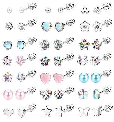 Tungary 8 Pairs Hypoallergenic Screw Back Earrings for Women Girls Surgical Steel Cute Heart CZ Flower Pearl Ball Butterfly Screwback Stud Earrring