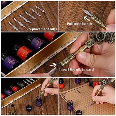 YICMY Quill Pen and Ink Set Featehr Pen with 6 Colorful Inks & 8 Letter  Papers Calligraphy Pen Set for Beginners Glass Dip Pen Wooden Calligraphy  Pen