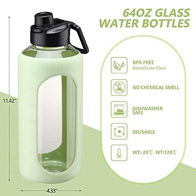 BLUEGO 64oz Glass Water Bottles with 2 Lids Half Gallon Water Bottle with  Straw 2 Liter