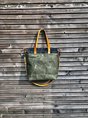 Waxed canvas tote bag / office bag with luggage handle attachment leather  handles and shoulder strap