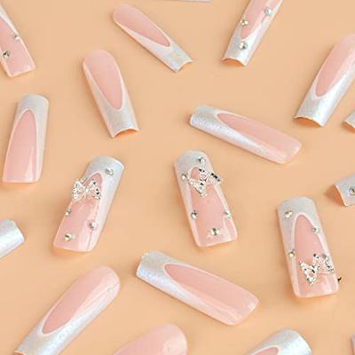 French Tip Press on Nails Long Square Fake Nails Butterfly Rhinestone Nail  Charms Full Cover Coffin