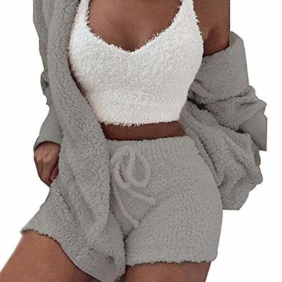 The Cozy Knit Set,Warm Hooded Cardigan Crop Top Shorts Set Pajamas  Loungewear Cozy Knit Set 3-Piece (Beige,S) at  Women's Clothing store