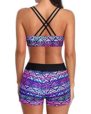 JDEFEG Bathing Suit Set for Boys Women Swimsuits Printed 3 Piece Bathing  Suits Swim Tank Top with Boy Shorts Swimwear Swimming Suit Tops for Women