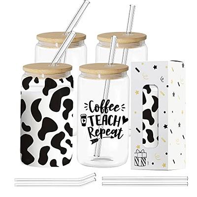Vozoka Beer Glass Cups with Bamboo Lids and Glass Straw, 6 Set 16 oz Ice Coffee Glasses, Tumbler Glass Cup, Drinking Glasses Set for Coffee Whiskey