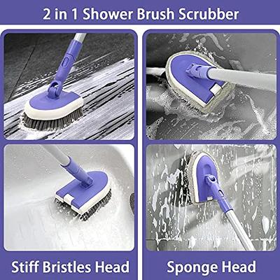 3 in 1 Tile Tub Shower Scrubber,Cleaning Brush with 58 Long  Handle,Detachable Stiff Bristle Scrub Brush-3 Scouring Pads, 2 Brush Heads  for Bathroom