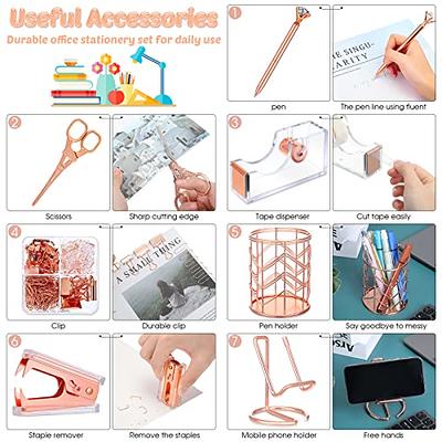 Rose Gold Desk Accessory Kit,set Of Stapler, Staple Remover,1000pcs Staples,tape  Dispenser,big Diamond Ballpoint Pen And 10pcs Binder Clips -cdsx