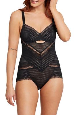 Naked Wardrobe Squared Away Long Sleeve Thong Bodysuit in Black