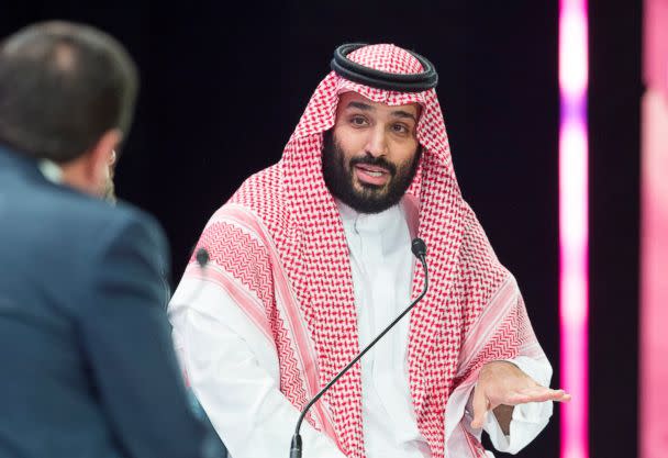PHOTO: A handout picture provided by the Saudi Royal Palace on Oct. 24, 2018, shows Saudi Crown Prince Mohammed bin Salman speaking during a joint session of the Future Investment Initiative (FII) conference in the capital Riyadh. (Bandar Al-Jaloud/AFP/Getty Images, FILE)