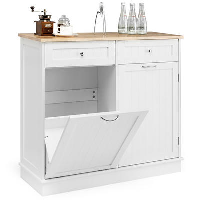 Costway Wooden Kitchen Trash Cabinet Tilt Out Bin Holder w/ Drawer &  Storage Shelf White