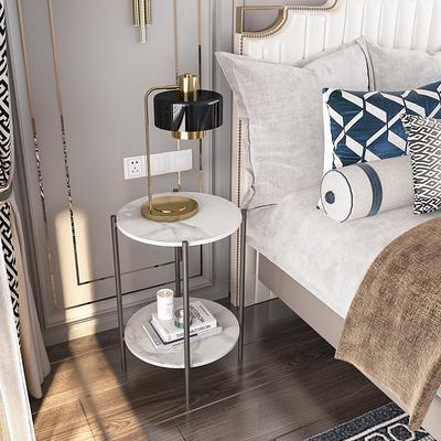 Marble End Table, 2 Tier Round Side Table with Shelves, Modern Gold Nightstand Bedside Table Small Coffee Accent Table for Living Room Bedroom, White