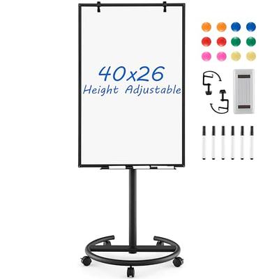 DexBoard Dry Erase Easel 40 x 28 inch, Rolling Round Stand Mobile Whiteboard w/Flipchart Pad, Magnets & Eraser, Sliver