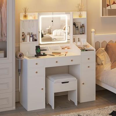 Vabches White Vanity Desk with Mirror and Lights, Vanity Table Makeup Vanity  with Lights 3 Drawers and Cabinets, Charging Station & Sliding Door, Lots  Storage Shelves - Yahoo Shopping