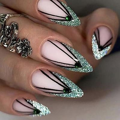 Almond Short False Nail Glitter Pink French Press on Nails for