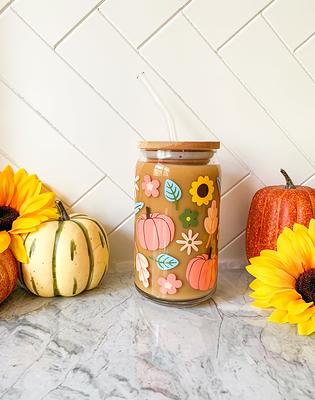 16oz Fall Leaves Iced Coffee Glass Can, Fall Tumbler, Thanksgiving