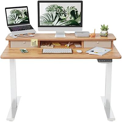 vivo Electric 60x24 Desk with Drawer & Casters, Light Wood Top, White Frame