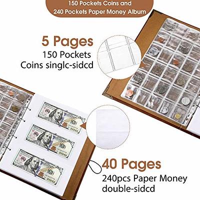 Ettonsun Leather 150 Pockets Coin Collecting Holder Album, 240 Pockets Paper Money Currency Colletion Supplies Holders, Large Storage Book for