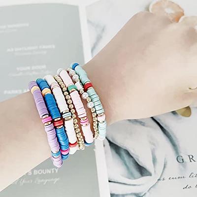 FIRAZIO 44pcs Preppy Heishi Bracelets Set Colorful Heart Star Evil Eye Beaded Bracelets Polymer Clay Pearl Stackable Charm Y2K Bracelets Boho Disc