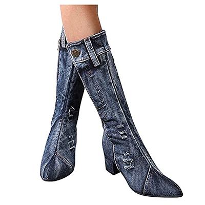 Dbzhuyn Cowboy Cowgirl Boots Denim Boots for Women,Women's Fashion Lace  Knee High Boots Casual Chunky