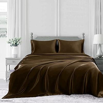 Daksh Linen Satin Sheets Queen Size Sets, 4 Piece Chocolate Satin