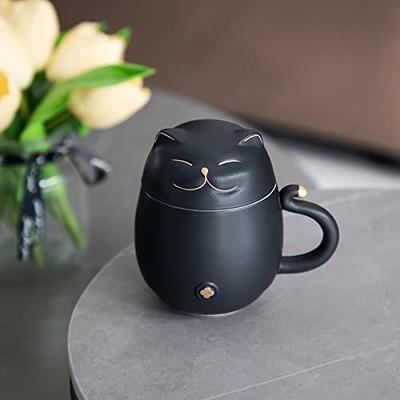 HEER Ceramic Tea Cup with Infuser and Lid, Cute Lucky Cat Coffee