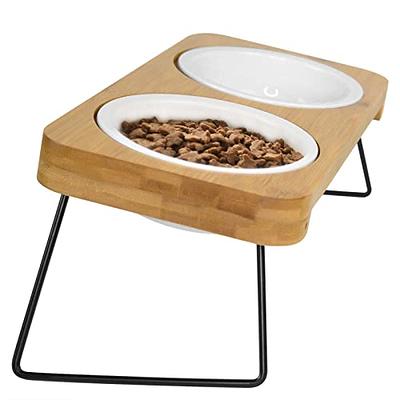 Aivituvin Elevated Dog Bowls,Small Dog 15Tilted Raised Food Feeding Dishes,  Walnut Wood Water Stand Feeder Set for Cats and Puppy, Dog Bowl Stand with  Anti Slip Mat