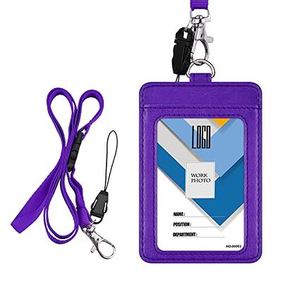 Black ID Badge Holder with Lanyard, Vertical PU Leather ID Badge Card Holder  with 1 Clear ID Window, 4 Credit Card Slots and a Detachable Neck Lanyard  for Office School Student 