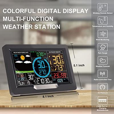 LFF Weather Stations, Wireless Indoor Outdoor Thermometer, Color Display Digital Weather Station with Atomic Clock, Forecast Station and Calendar