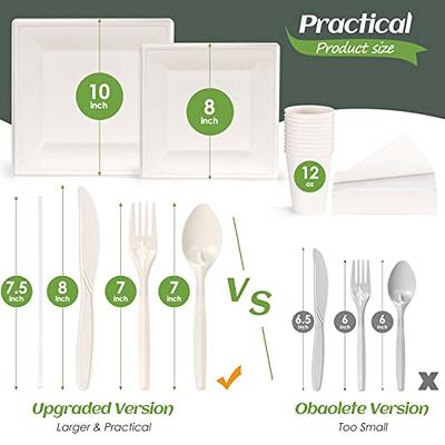 KTCNMER Compostable Party Paper Plates Set -[300 Pcs] 10 inch&8 inch Square Brown Paper Plates Heavy Duty, Utensils and Napkins - Eco Friendly
