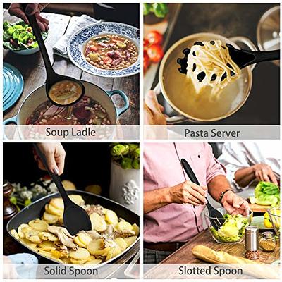  Silicone Cooking Utensils, Wooden Handle, Non-Stick Cookware  Heat Resistant Kitchen Utensil Spatula, Slotted & Solid Spoon, Soup Ladle,  Slotted Turner and Spaghetti Server