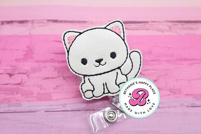 White Cat Badge Reel - Clip Cute Holder Pull Medical Id