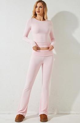 MISSACTIVER Women's Two Piece Outfit Basic Long Sleeve Crop Top and Low  Rise Flare Pants Set Lounge 2 Piece Yoga Tracksuit（Pink， Small） - Yahoo  Shopping