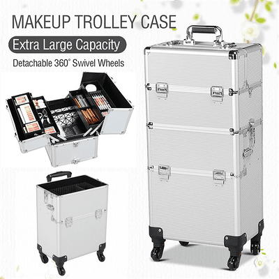 Aluminum Trolley Makeup Train Case with LED Light Professional Cosmetic  21'' Make up Cosmetic Organizer Studio with Speaker Stand Rolling Lighted